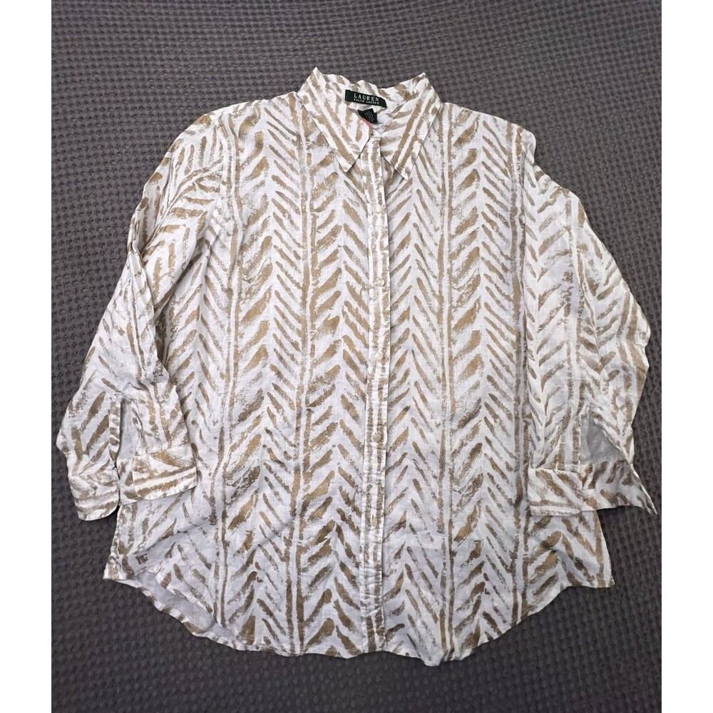 Lauren Ralph Lauren Womens 100% Linen Button Up Shirt Gold  Sz. Large 3/4 Sleeve